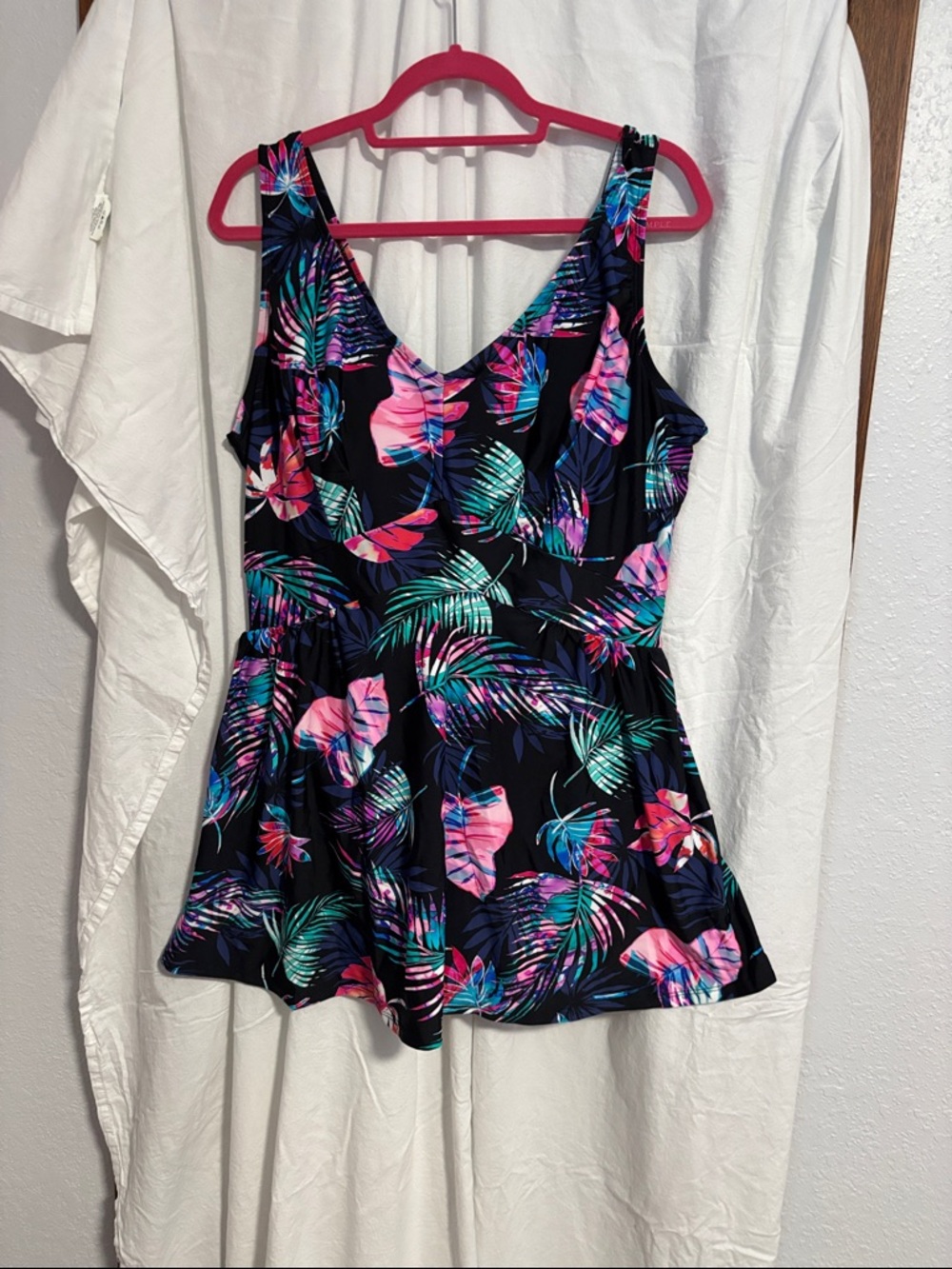 Swimsuits For All Black One-Piece Swimdress with Pink and Teal Tropical Print